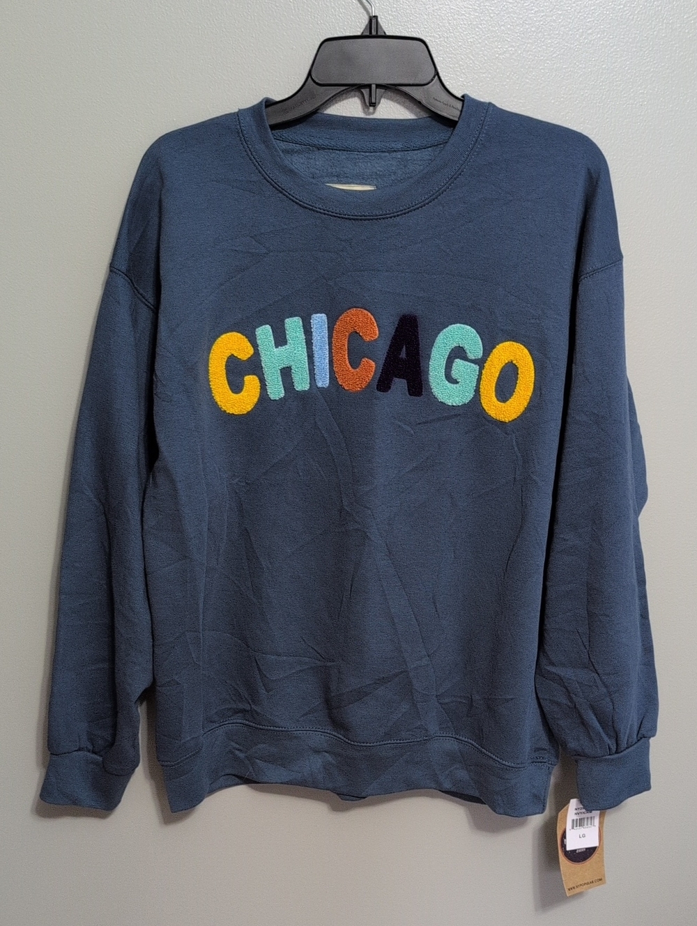 Navy Crewneck Sweater with Colorful 'CHICAGO' Chenille Letters